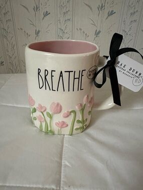 Rae Dunn BREATHE Mug with Pink Flowers and Pink Interior